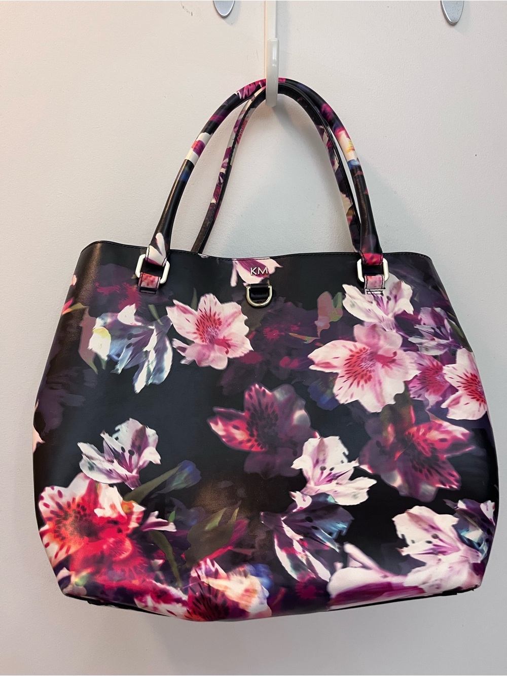 Karen Millen Black Floral Tote with Pink and Purple Blooms